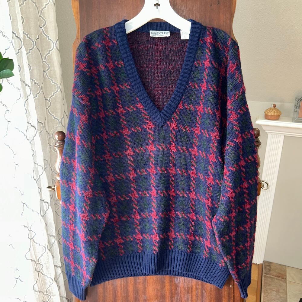 Vintage Gaucho Sweater Argentina Mens Wool Mohair Sweater Large blue red plaid
